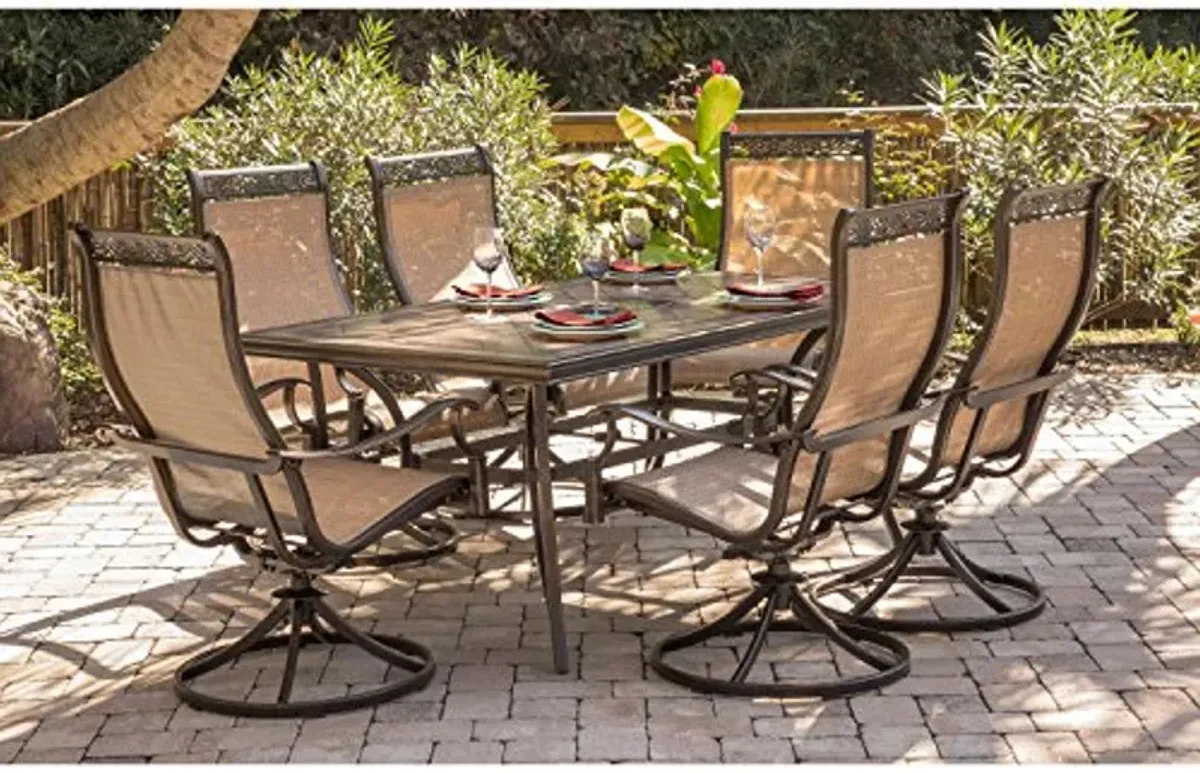 Hanover Monaco 7-Piece Outdoor Dining Set with Porcelain Tile Rectangular Dining Table and 6 PVC Sling Swivel Rockers, Modern Weather-Resistant Patio Dining Set for 6, Rust Resistant Aluminum Frames