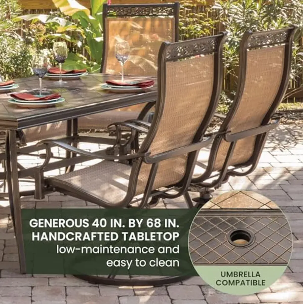 Hanover Monaco 7-Piece Outdoor Dining Set with Porcelain Tile Rectangular Dining Table and 6 PVC Sling Swivel Rockers, Modern Weather-Resistant Patio Dining Set for 6, Rust Resistant Aluminum Frames