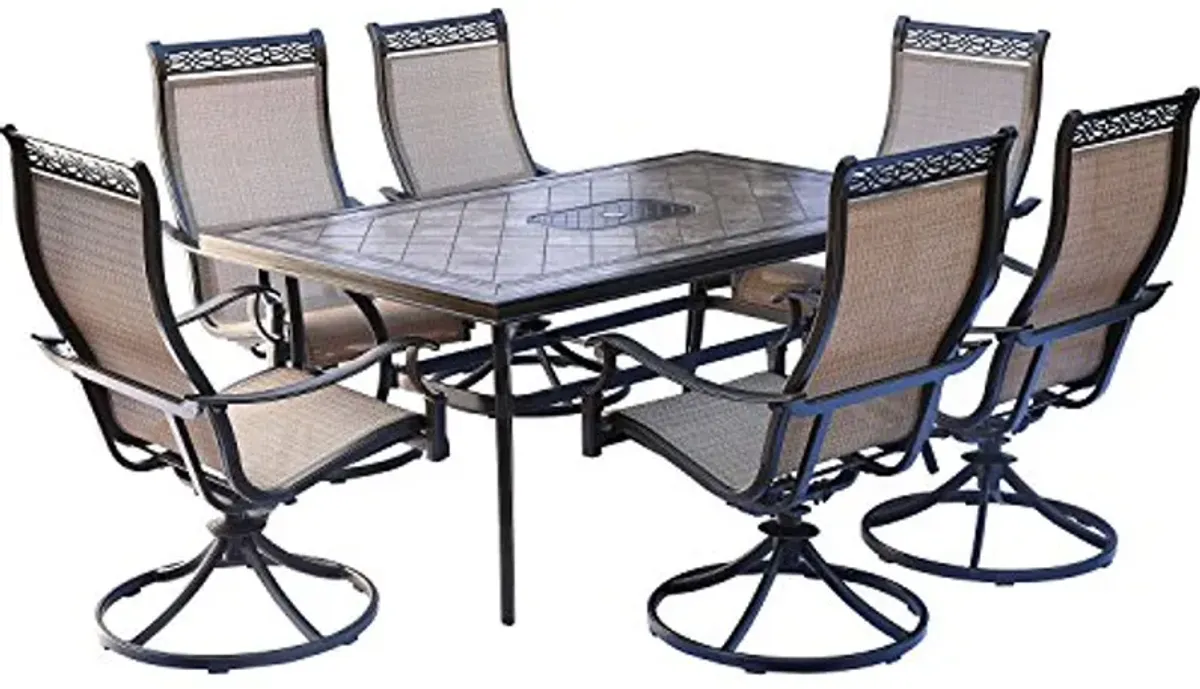 Hanover Monaco 7-Piece Outdoor Dining Set with Porcelain Tile Rectangular Dining Table and 6 PVC Sling Swivel Rockers, Modern Weather-Resistant Patio Dining Set for 6, Rust Resistant Aluminum Frames