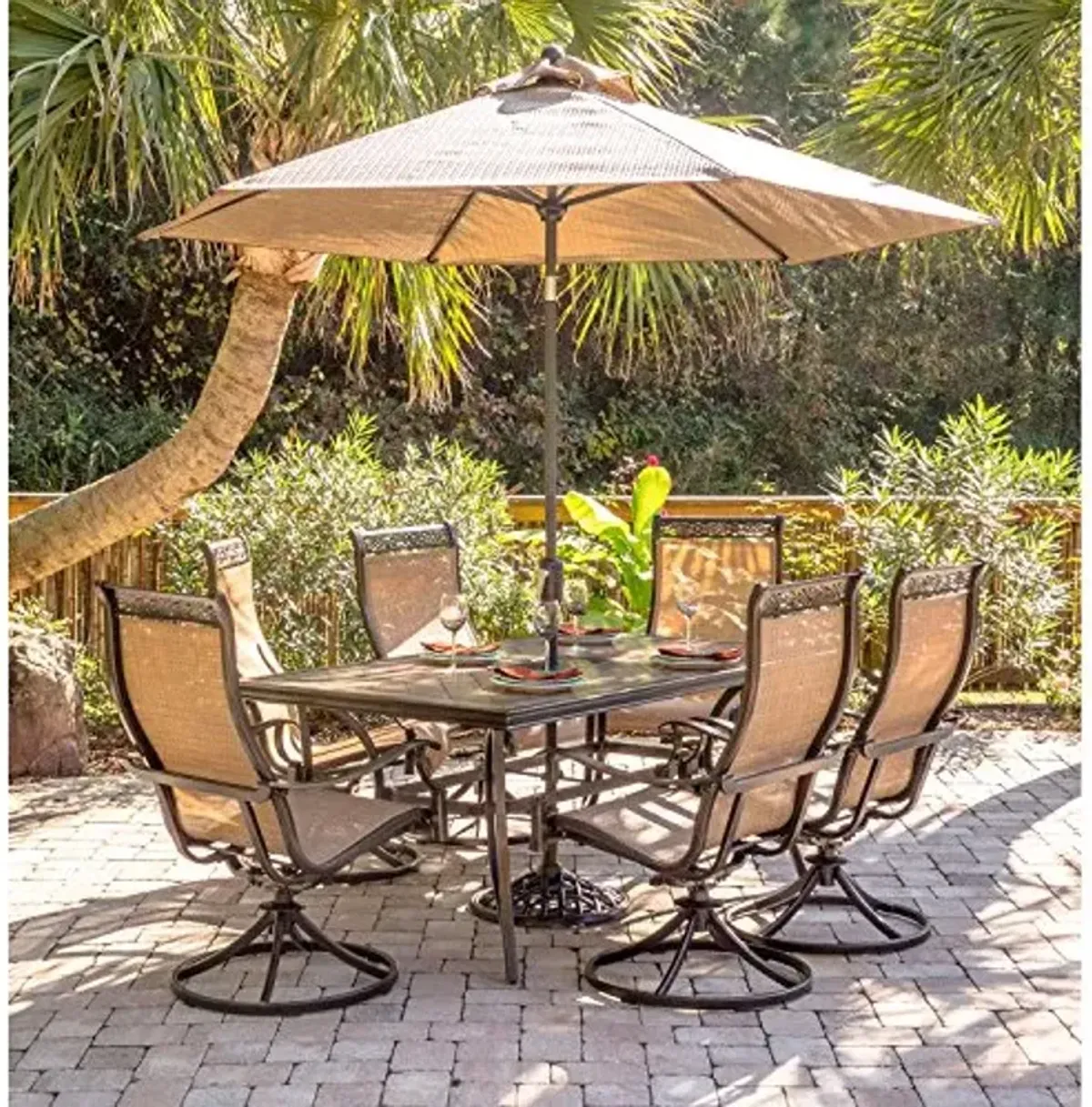 Hanover Monaco 7-Piece Outdoor Dining Set with PVC Sling Swivel Rockers, Porcelain Tile Rectangular Dining Table, and Umbrella, Rust-Resistant Aluminum Patio Dining Set for 6