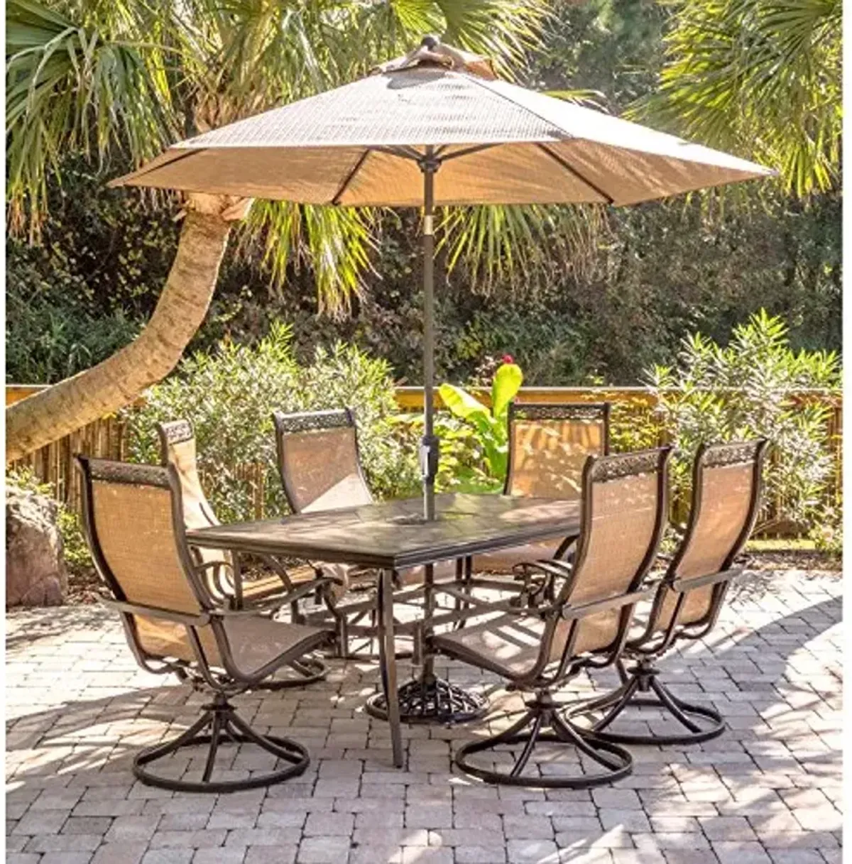 Hanover Monaco 7-Piece Outdoor Dining Set with PVC Sling Swivel Rockers, Porcelain Tile Rectangular Dining Table, and Umbrella, Rust-Resistant Aluminum Patio Dining Set for 6