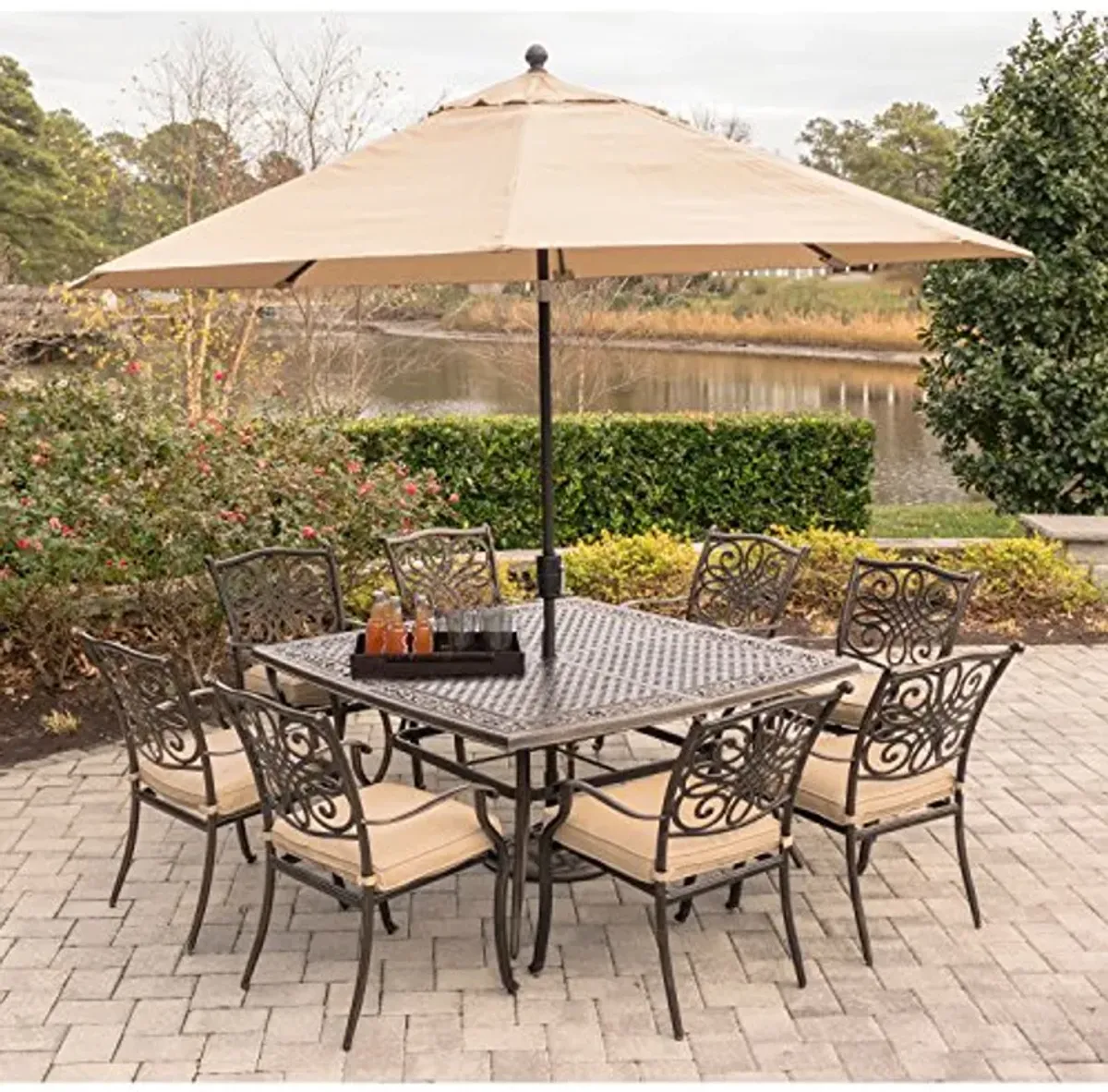 Hanover 9 Piece Tan 60" Cast-Top, 11' Base Traditions Rust-Free Outdoor Patio Set Cushions, 8 Chairs and Aluminum Square Dining Table with Umbrella, TRADDN9PCSQ-SU