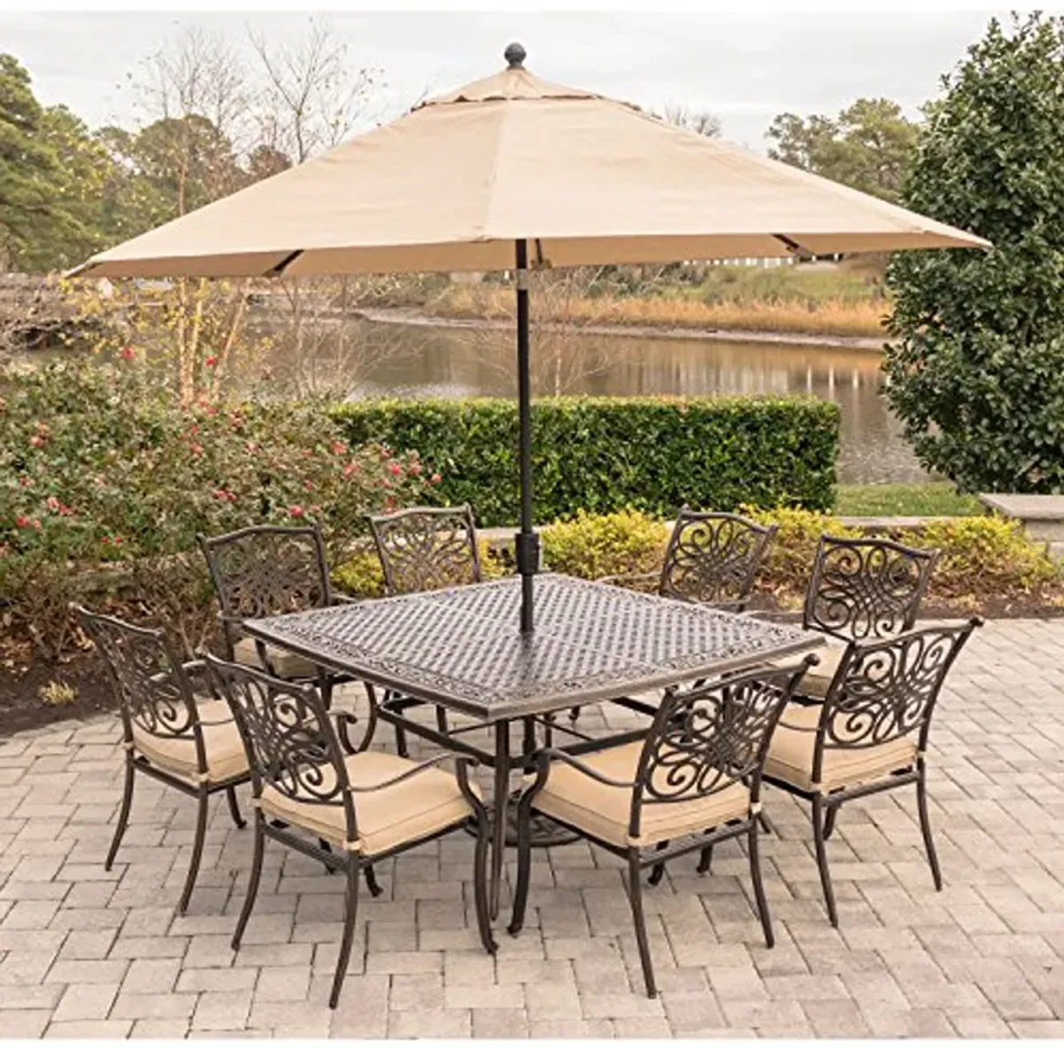 Hanover 9 Piece Tan 60" Cast-Top, 11' Base Traditions Rust-Free Outdoor Patio Set Cushions, 8 Chairs and Aluminum Square Dining Table with Umbrella, TRADDN9PCSQ-SU