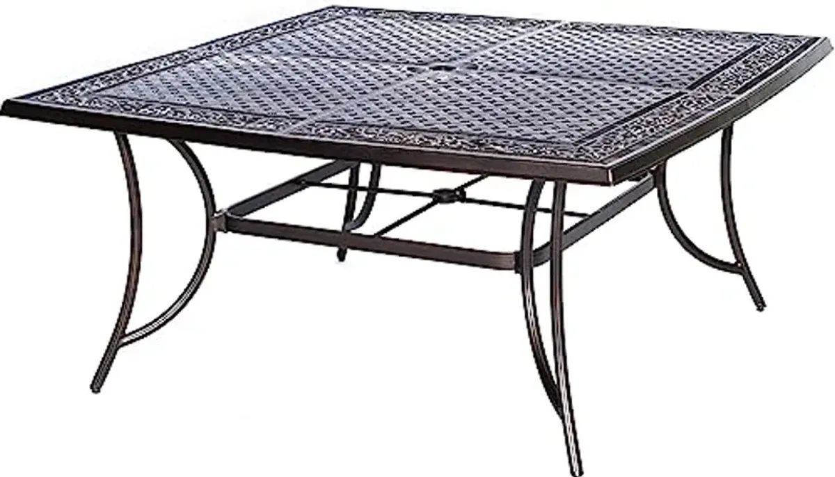 Hanover 9 Piece Tan 60" Cast-Top, 11' Base Traditions Rust-Free Outdoor Patio Set Cushions, 8 Chairs and Aluminum Square Dining Table with Umbrella, TRADDN9PCSQ-SU