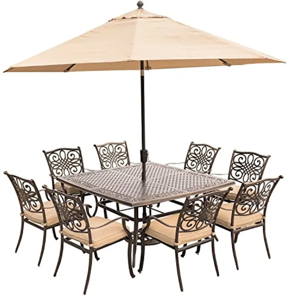 Hanover 9 Piece Tan 60" Cast-Top, 11' Base Traditions Rust-Free Outdoor Patio Set Cushions, 8 Chairs and Aluminum Square Dining Table with Umbrella, TRADDN9PCSQ-SU