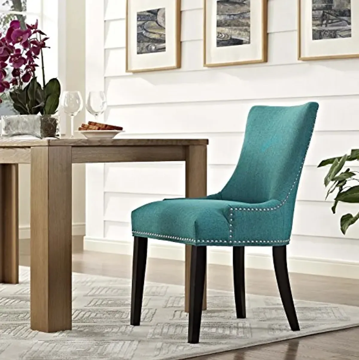 Modway Marquis Modern Upholstered Fabric Dining Chair with Nailhead Trim in Teal