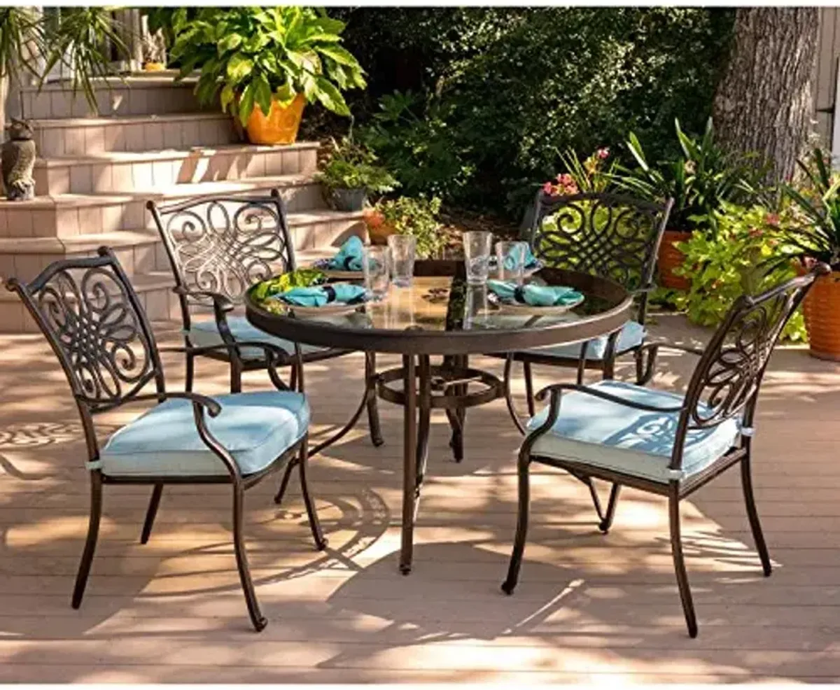 Hanover Traditions 5-Piece Outdoor Dining Set with Blue Cushions, 4 Dining Chairs and Tempered Glass Round Dining Table, Rust-Resistant Aluminum, All-Weather Patio Dining Set for 4