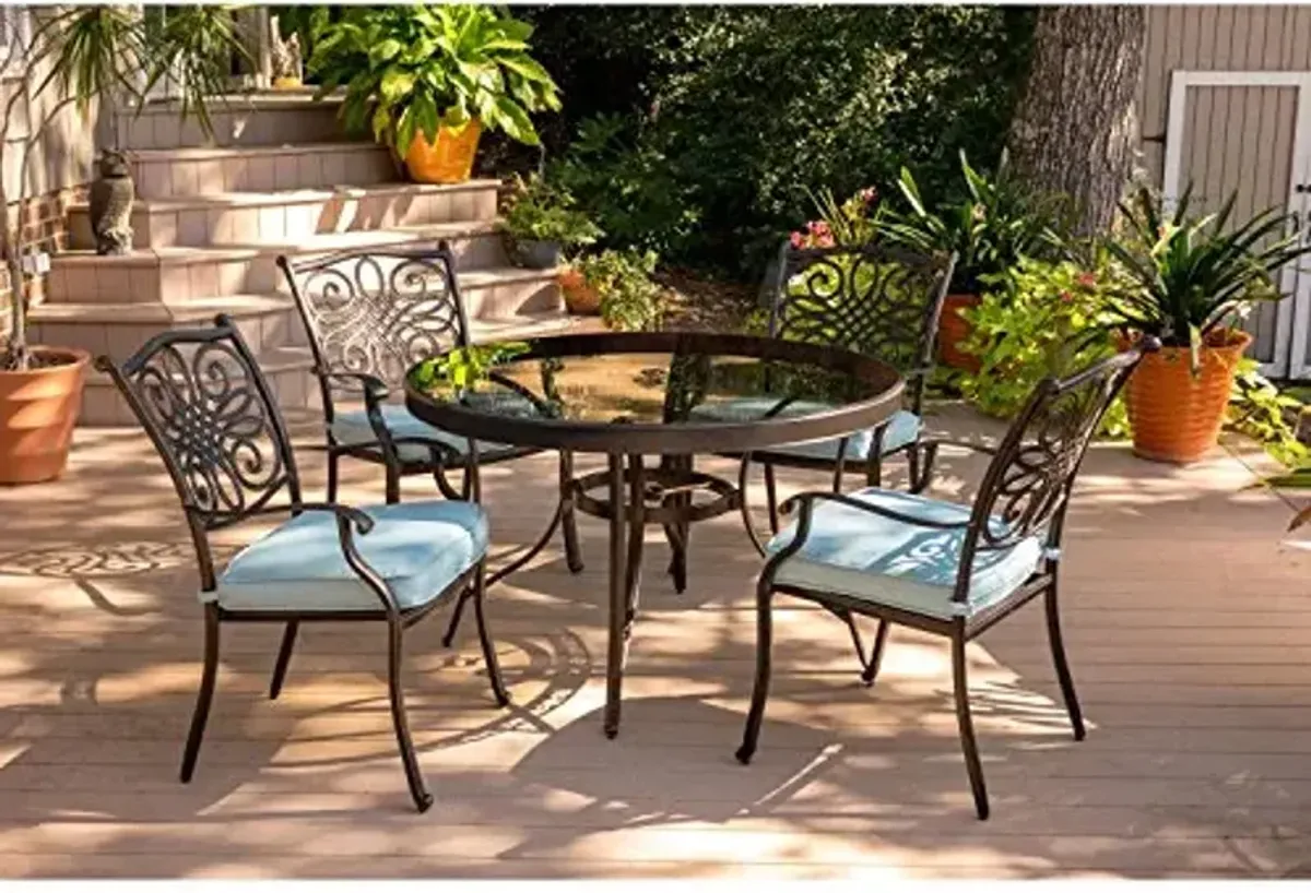 Hanover Traditions 5-Piece Outdoor Dining Set with Blue Cushions, 4 Dining Chairs and Tempered Glass Round Dining Table, Rust-Resistant Aluminum, All-Weather Patio Dining Set for 4