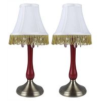 Urbanest Set of 2 Perlina Accent Lamps, Antique Brass Base and Ruby Red Stem with White Lamp Shade with Gold Fringe and Crystal Accent