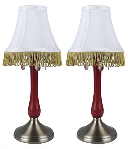 Urbanest Set of 2 Perlina Accent Lamps, Antique Brass Base and Ruby Red Stem with White Lamp Shade with Gold Fringe and Crystal Accent