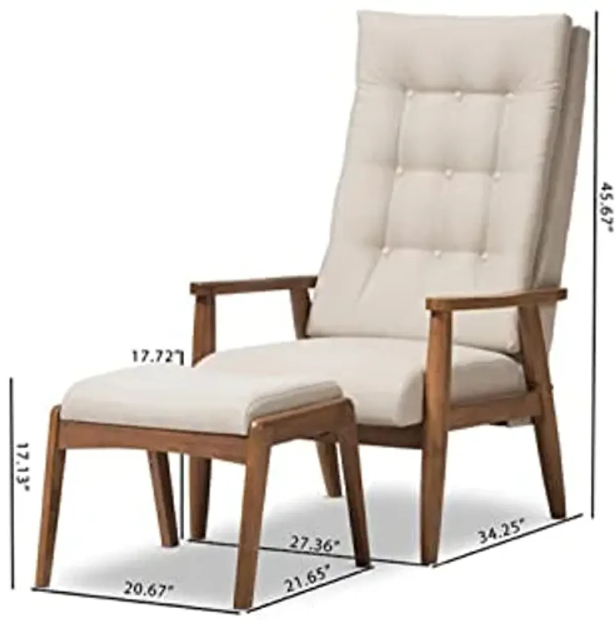 Baxton Studio Roxy Mid-Century Modern Walnut Wood Finishing and Light Beige Fabric Upholstered Button-Tufted High-Back Lounge Chair and Ottoman Set