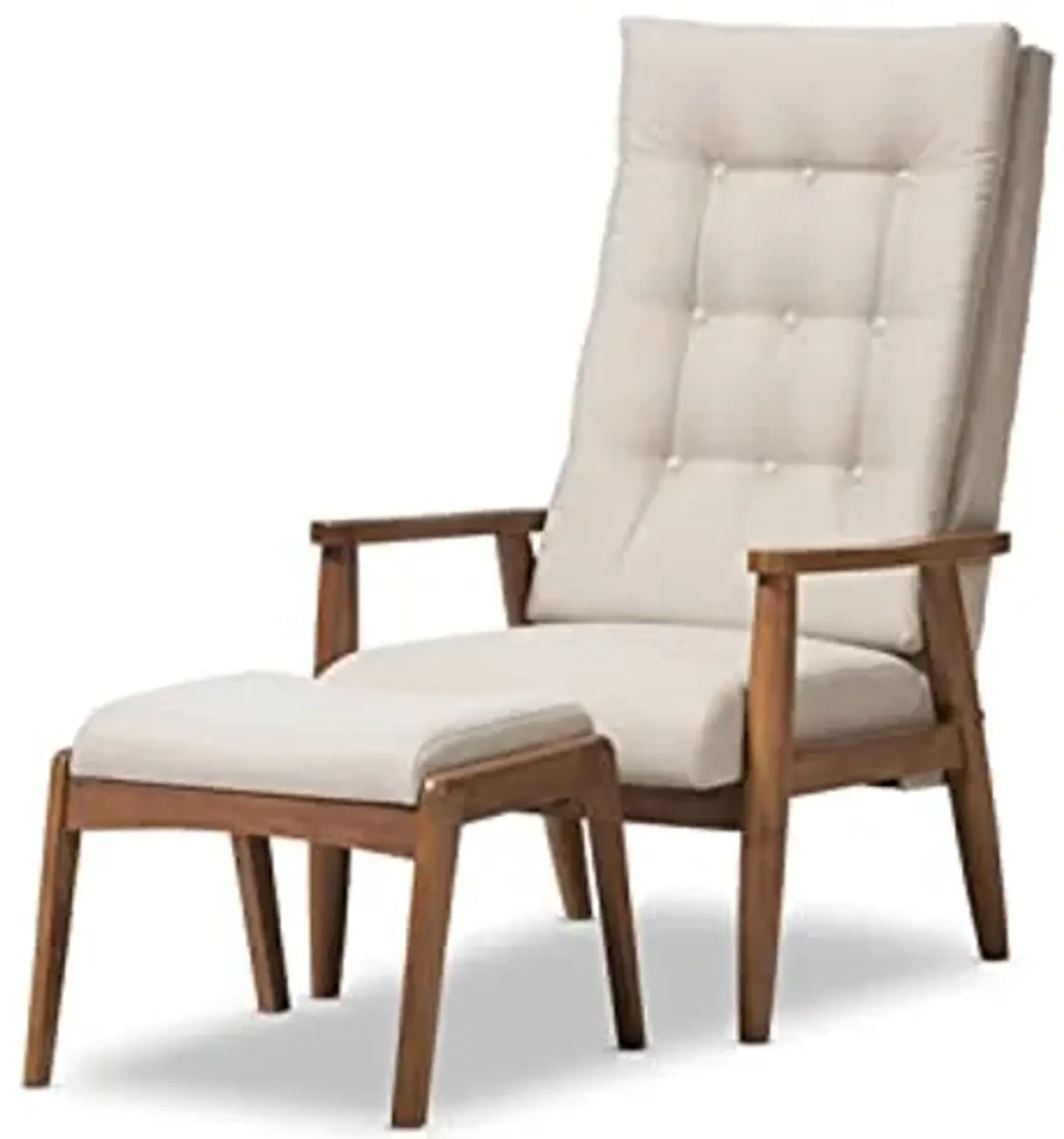 Baxton Studio Roxy Mid-Century Modern Walnut Wood Finishing and Light Beige Fabric Upholstered Button-Tufted High-Back Lounge Chair and Ottoman Set