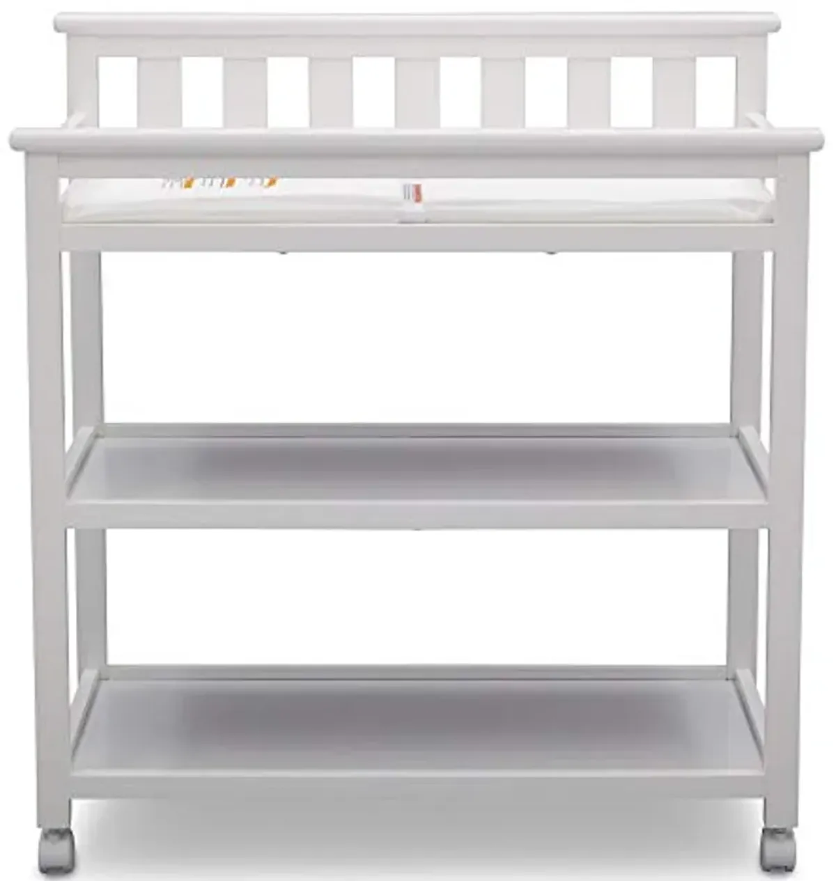 Delta Children Flat Top Changing Table with Wheels and Changing Pad - Greenguard Gold Certified, Bianca White