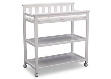 Delta Children Flat Top Changing Table with Wheels and Changing Pad - Greenguard Gold Certified, Bianca White