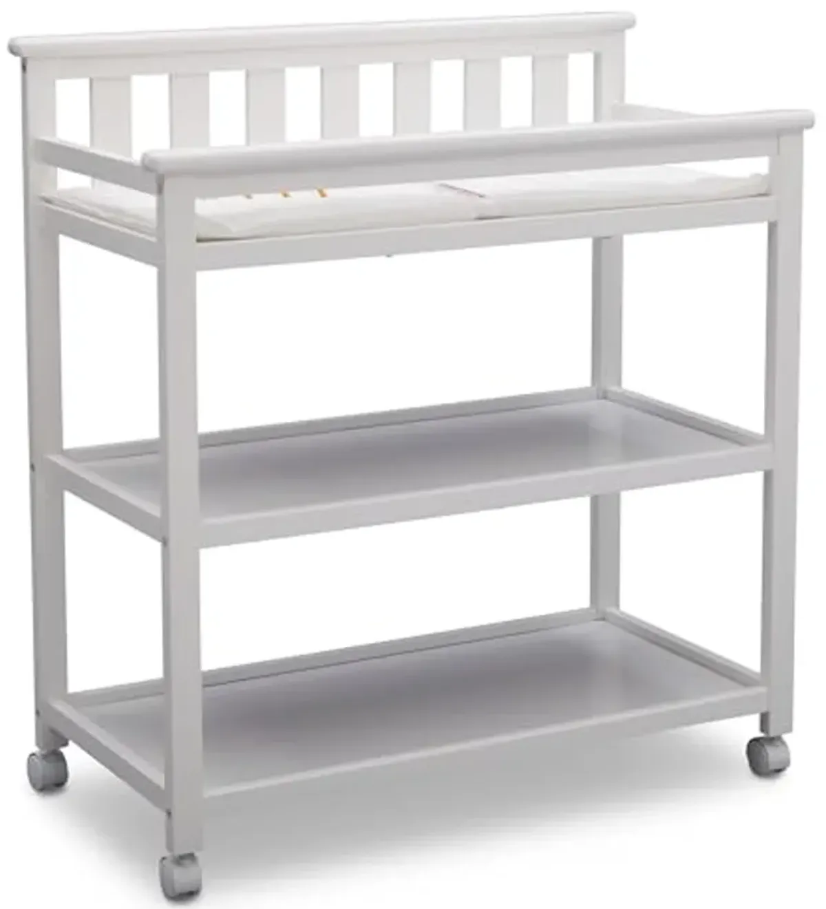 Delta Children Flat Top Changing Table with Wheels and Changing Pad - Greenguard Gold Certified, Bianca White