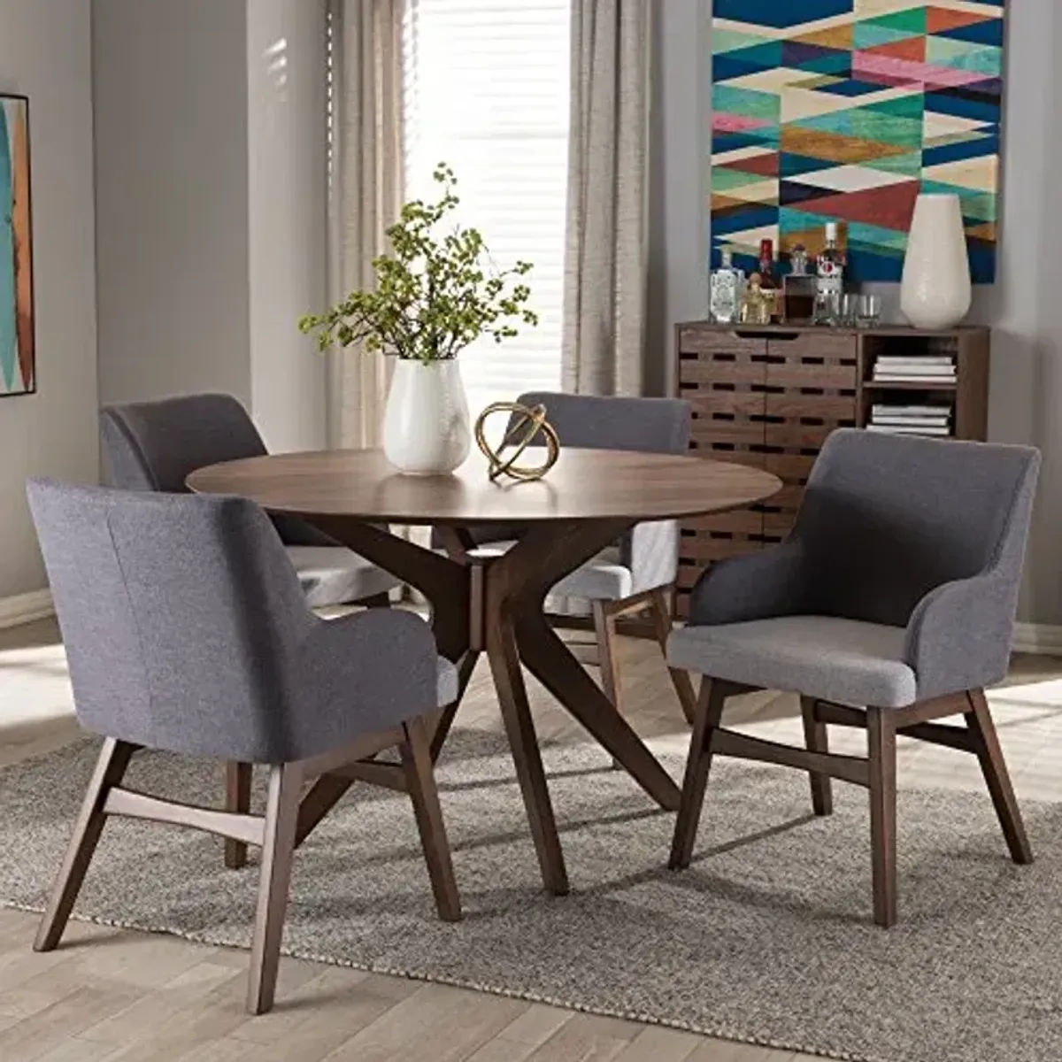 Baxton Studio Monte Mid-Century Round Dining Set Walnut Wood Round 5-Piece Dining Set
