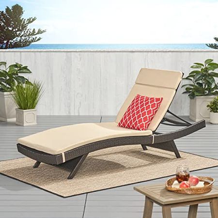 Christopher Knight Home Salem Outdoor Wicker Adjustable Chaise Lounge with Cushions, Multibrown And Textured Beige