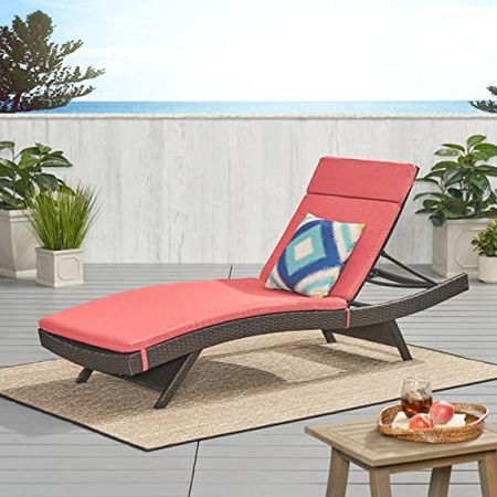 Christopher Knight Home Salem Outdoor Wicker Adjustable Chaise Lounge with Cushions, Multibrown And Red