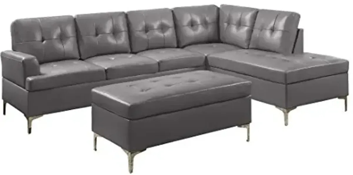 Homelegance Barrington PU Leather Chaise Sofa and Ottoman Set, Gray