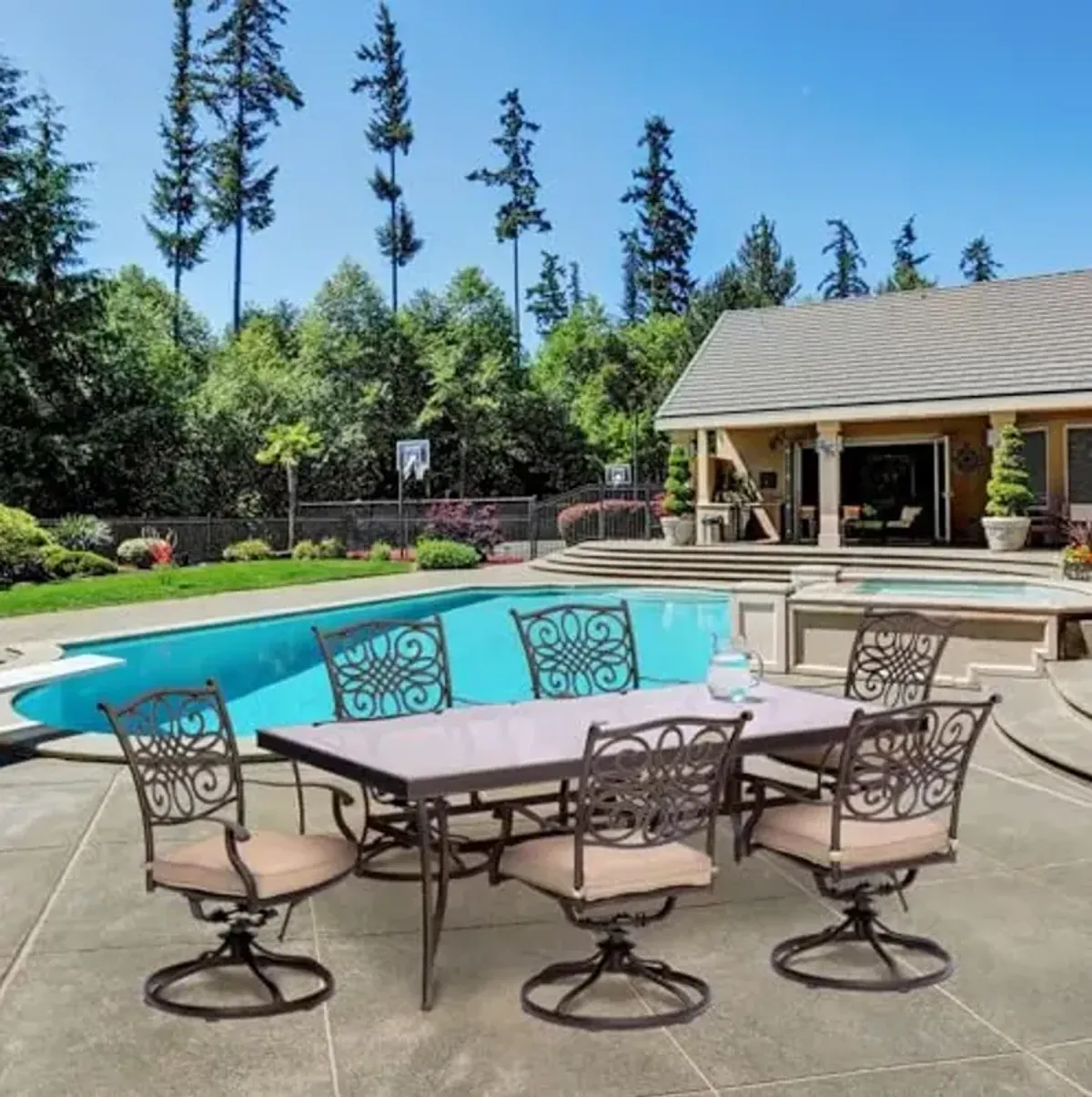 Hanover Traditions 7-Piece Outdoor Dining Set, Rust-Free Aluminum Outdoor Patio Dining Set with Tan Cushions, 6 Swivel Rockers and Tempered Glass Rectangular Dining Table, Patio Dining Set for 6