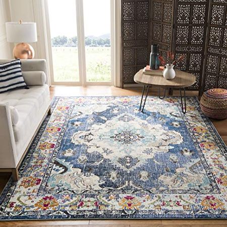 SAFAVIEH Monaco Collection 9' x 12' NavyLight Blue MNC243N Boho Chic Medallion Distressed Non-Shedding Living Room Bedroom Dining Home Office Area Rug