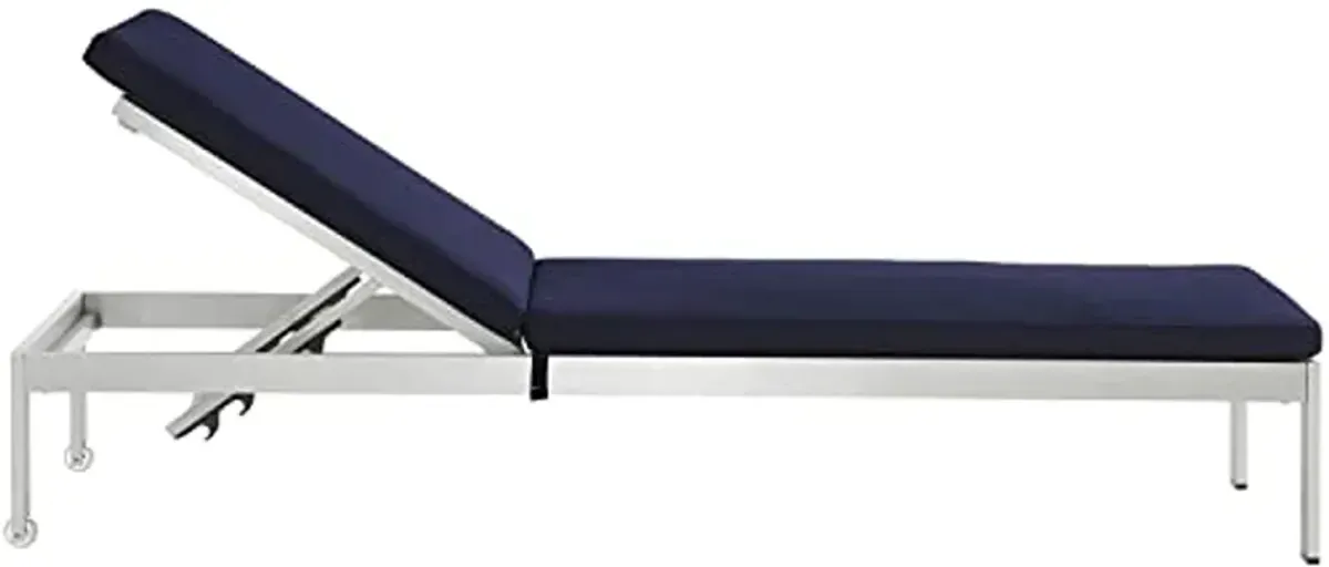 Modway Shore Outdoor Patio Aluminum Chaise Lounge Chair with Cushions, Silver Navy