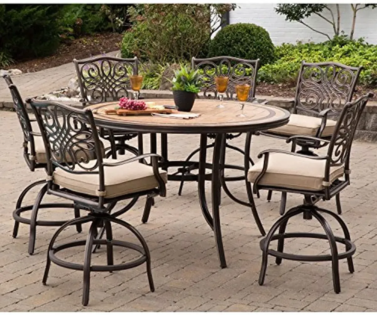 Hanover MONDN7PCBR-C-P Monaco 7-Piece Outdoor Patio High-Dining Set in Tan with a 56" Round Tile-top Table and 6 Comfortable Swivel Chairs with Plush Cushions | MONDN7PCBR-C, 7PC BAR