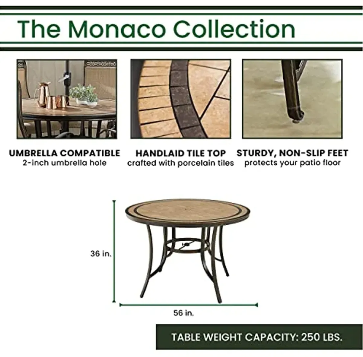 Hanover MONDN7PCBR-C-P Monaco 7-Piece Outdoor Patio High-Dining Set in Tan with a 56" Round Tile-top Table and 6 Comfortable Swivel Chairs with Plush Cushions | MONDN7PCBR-C, 7PC BAR