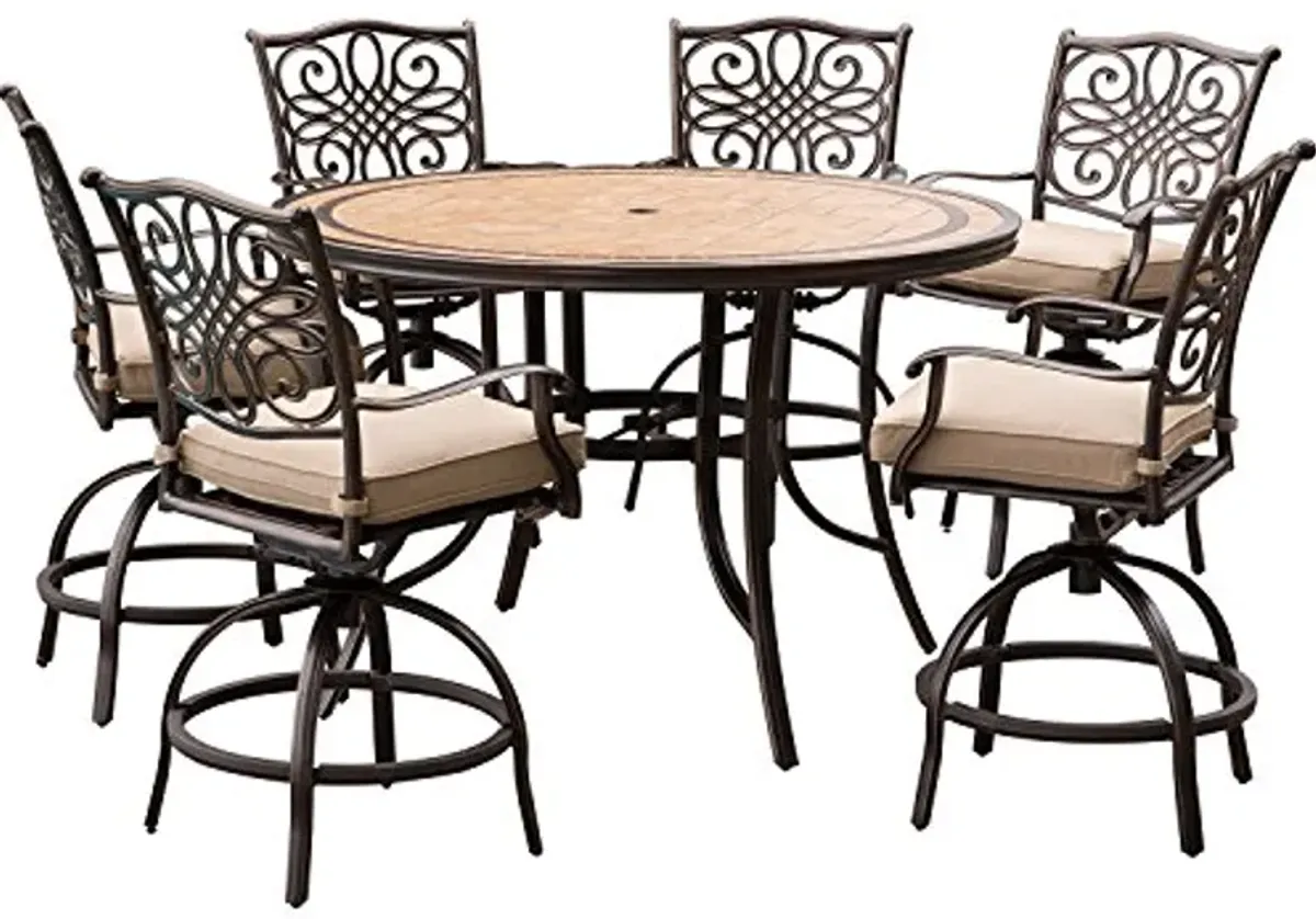 Hanover MONDN7PCBR-C-P Monaco 7-Piece Outdoor Patio High-Dining Set in Tan with a 56" Round Tile-top Table and 6 Comfortable Swivel Chairs with Plush Cushions | MONDN7PCBR-C, 7PC BAR