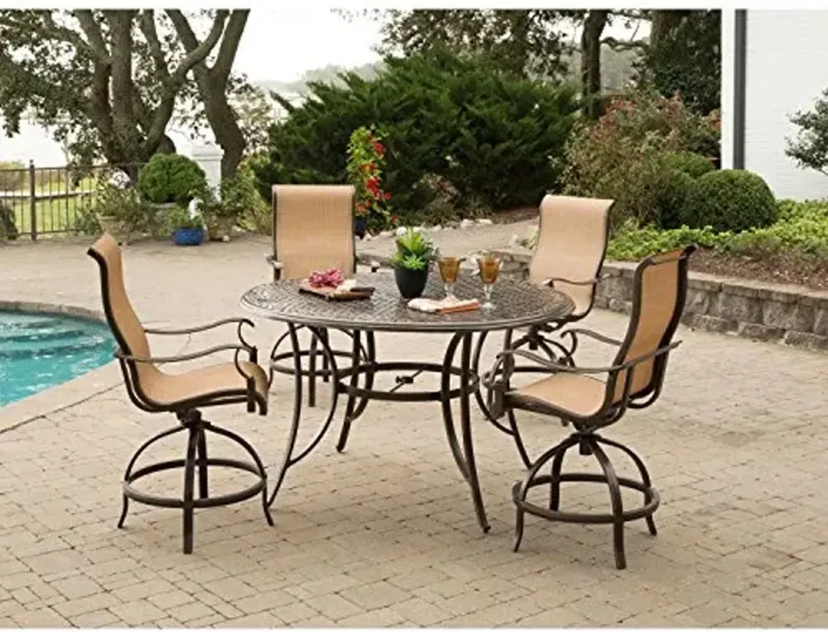Hanover Manor 5-Piece High-Dining Set with a 56 in. Cast-top Table and 4 Counter-Height Swivel Chairs Outdoor Furniture, Tan