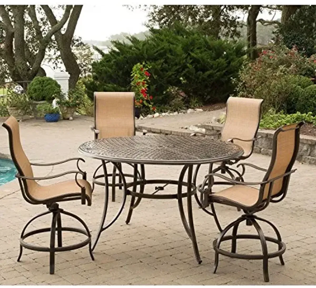 Hanover Manor 5-Piece High-Dining Set with a 56 in. Cast-top Table and 4 Counter-Height Swivel Chairs Outdoor Furniture, Tan