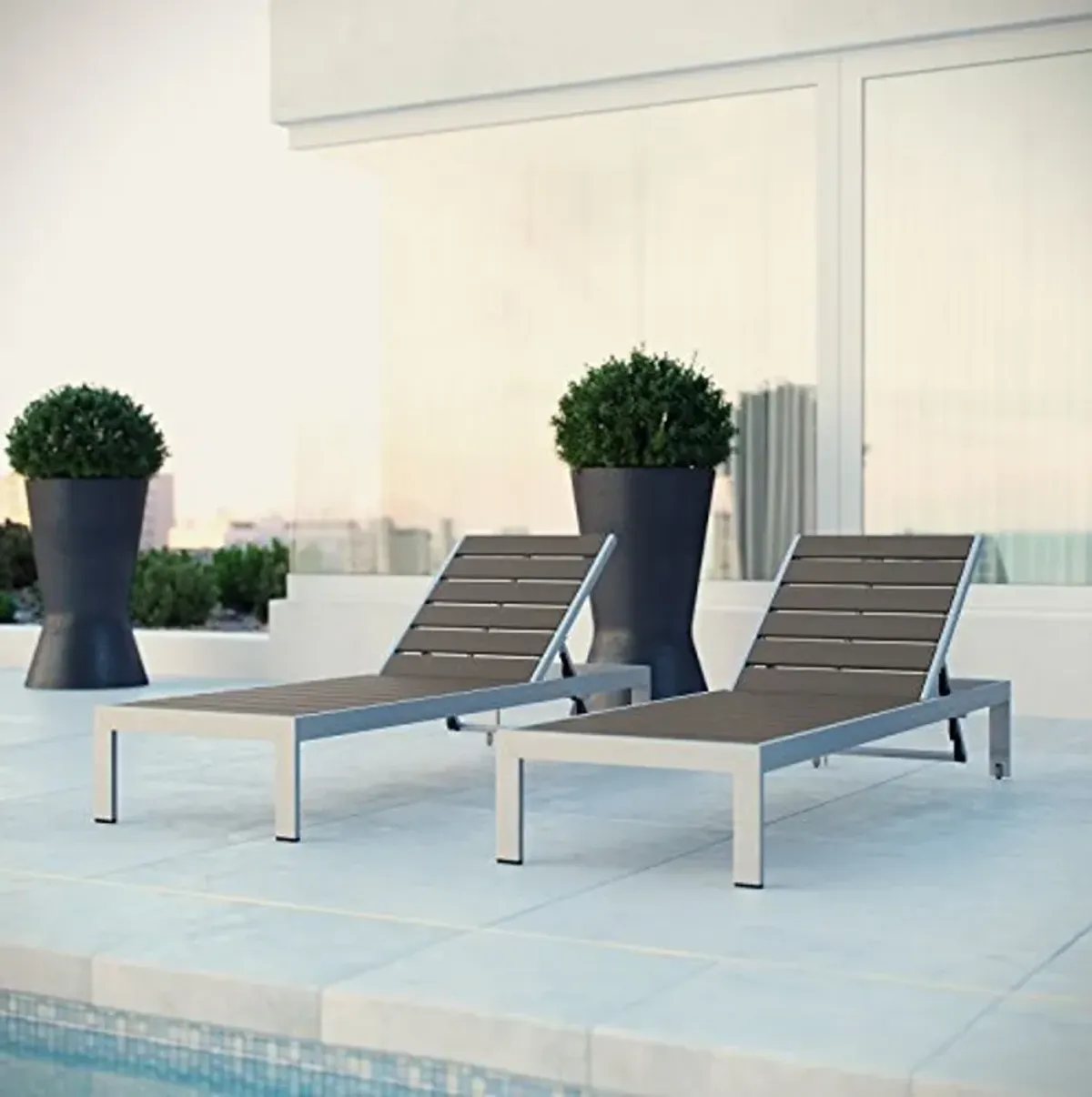 Modway Shore Aluminum Outdoor Patio Poolside Two Chaise Lounge Chairs in Silver Gray