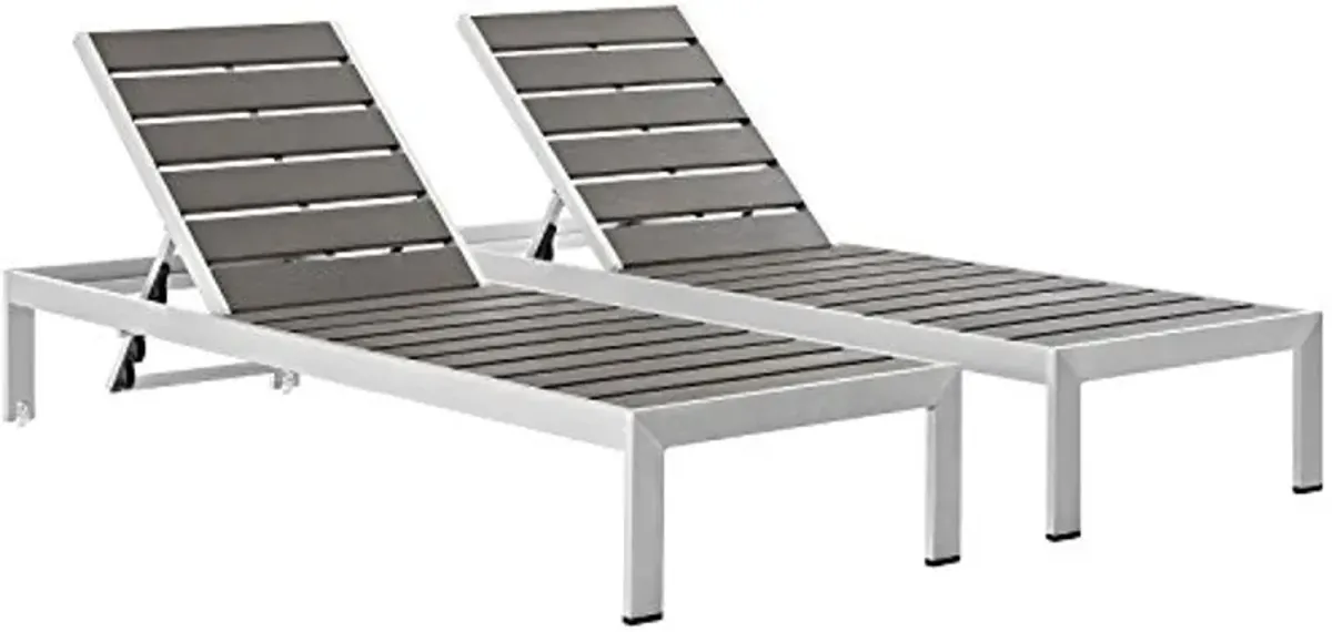 Modway Shore Aluminum Outdoor Patio Poolside Two Chaise Lounge Chairs in Silver Gray