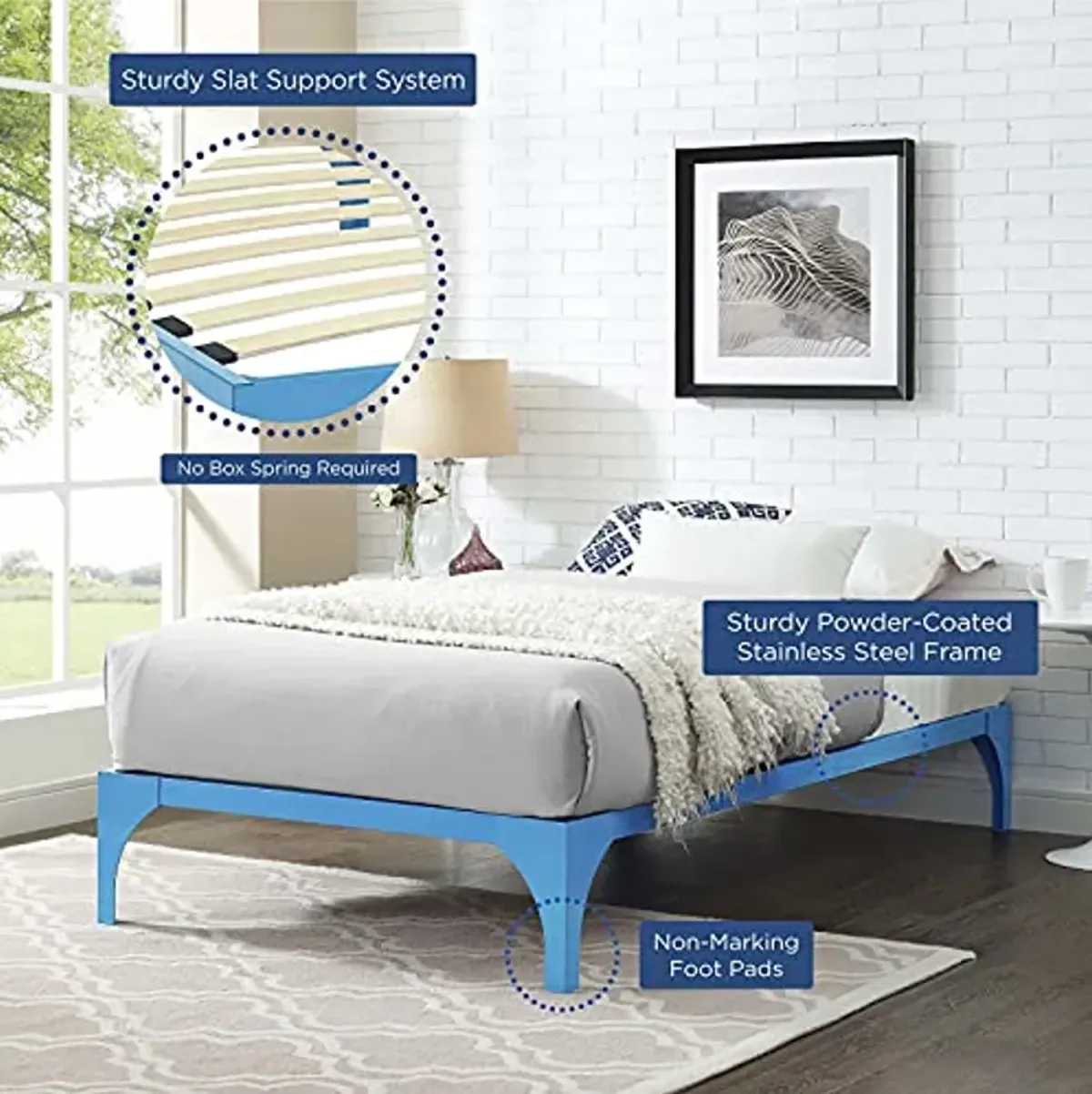 Modway Ollie Steel Modern Twin Platform Bed Frame Mattress Foundation with Slat Support in Light Blue