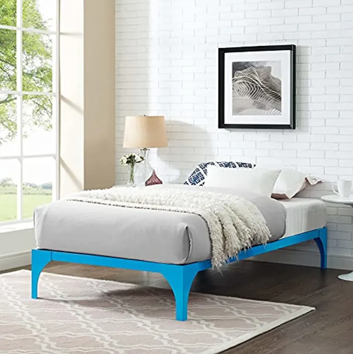 Modway Ollie Steel Modern Twin Platform Bed Frame Mattress Foundation with Slat Support in Light Blue