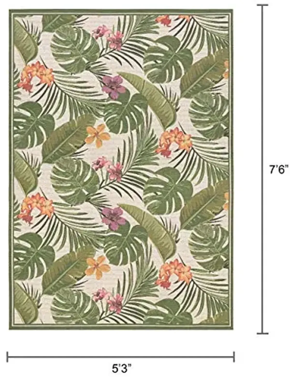 Couristan Dolce Outdoor Area Rug - Flowering Fern 5'3" x 7'6" in Ivory and Hunter Green, Hose Washable, Pet Friendly, Patio and Home Decor