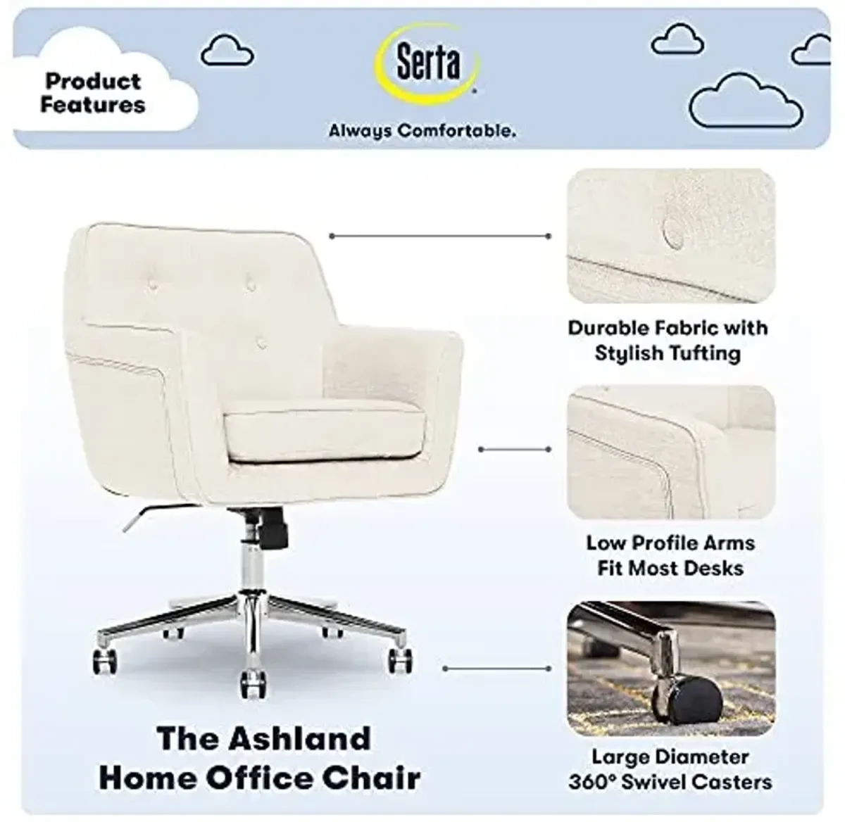 Serta Ashland Home Office Desk Chair with Button Tufted Mid-Back, Memory Foam Cushion and Padded Arms, Mid Century Modern Vanity Armchair with Wheels for Bedroom, Chrome Metal Base, Ivory