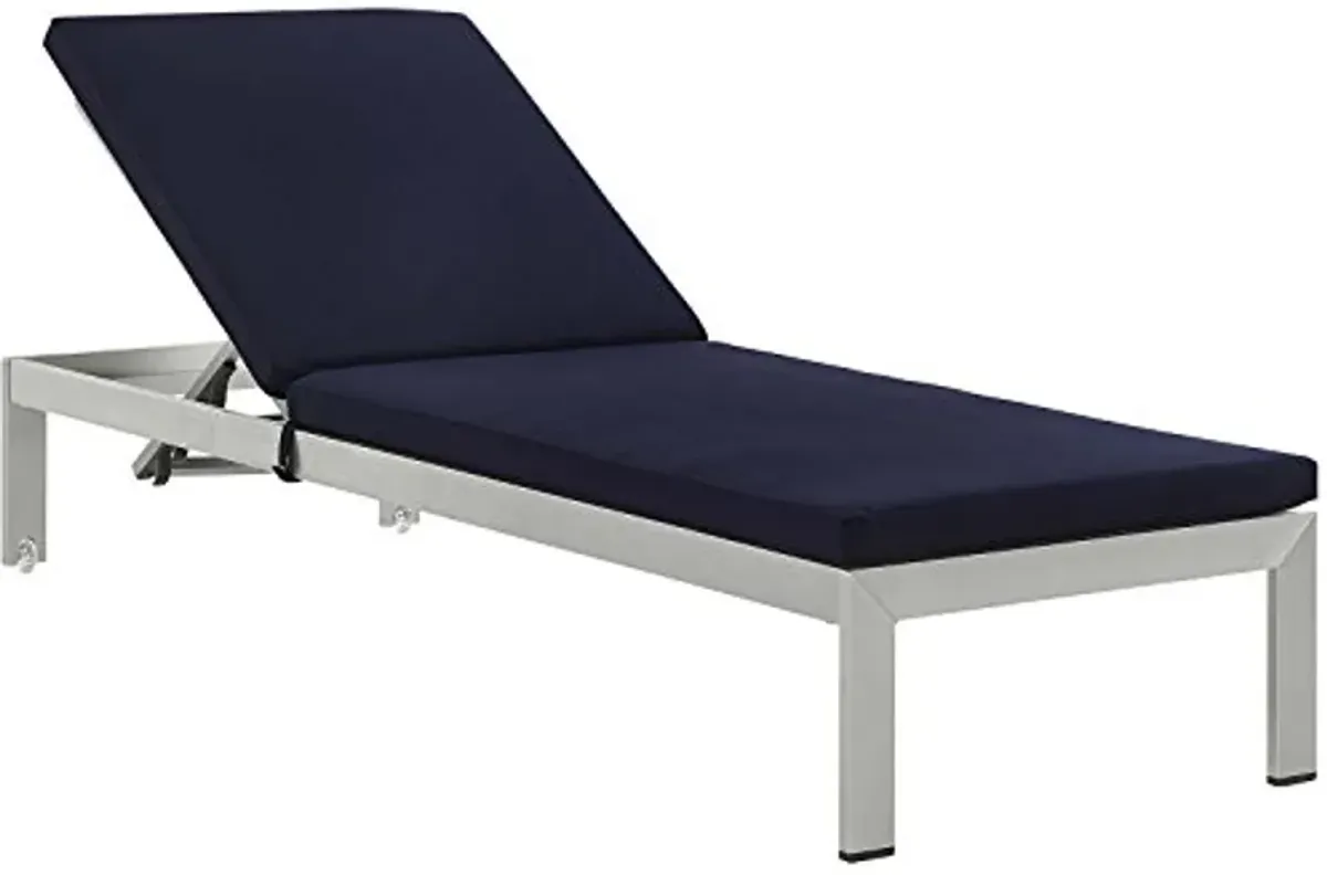 Modway Shore Aluminum Outdoor Patio Two Poolside Chaise Lounge Chairs with Cushions and Side End Table in Silver Navy