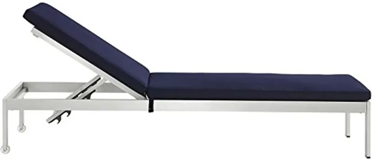 Modway Shore Aluminum Outdoor Patio Two Poolside Chaise Lounge Chairs with Cushions and Side End Table in Silver Navy