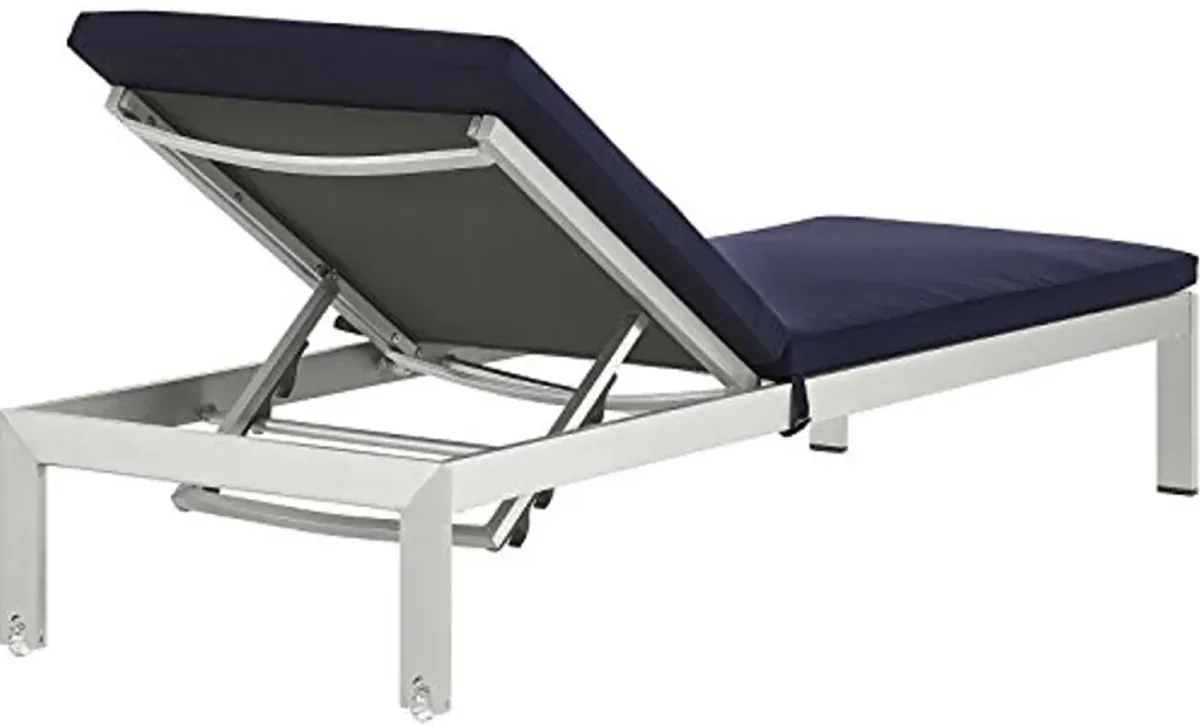 Modway Shore Aluminum Outdoor Patio Two Poolside Chaise Lounge Chairs with Cushions and Side End Table in Silver Navy