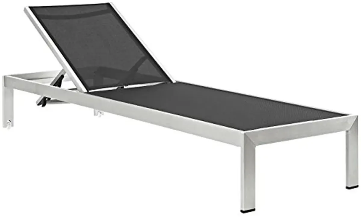 Modway Shore Aluminum Outdoor Patio Two Poolside Chaise Lounge Chairs with Cushions and Side End Table in Silver Navy