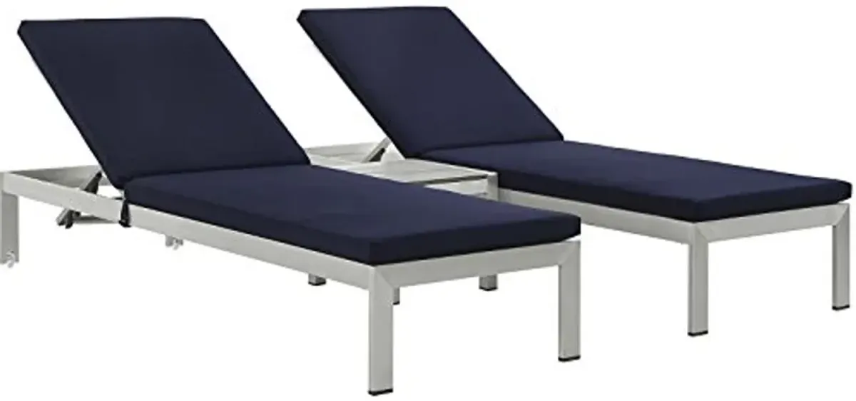 Modway Shore Aluminum Outdoor Patio Two Poolside Chaise Lounge Chairs with Cushions and Side End Table in Silver Navy