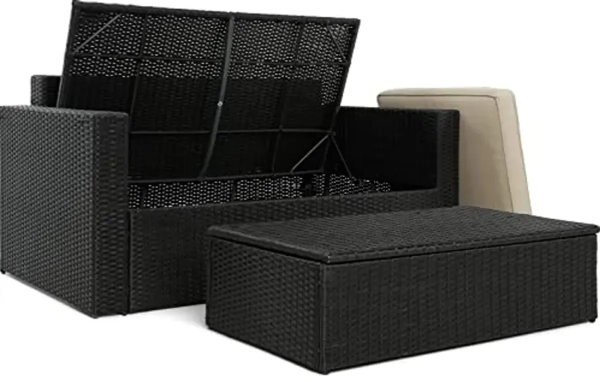 Serta Brown Resin Outdoor Patio Furniture Collection, Storage Sofa & Coffee Table Set, Black Wicker