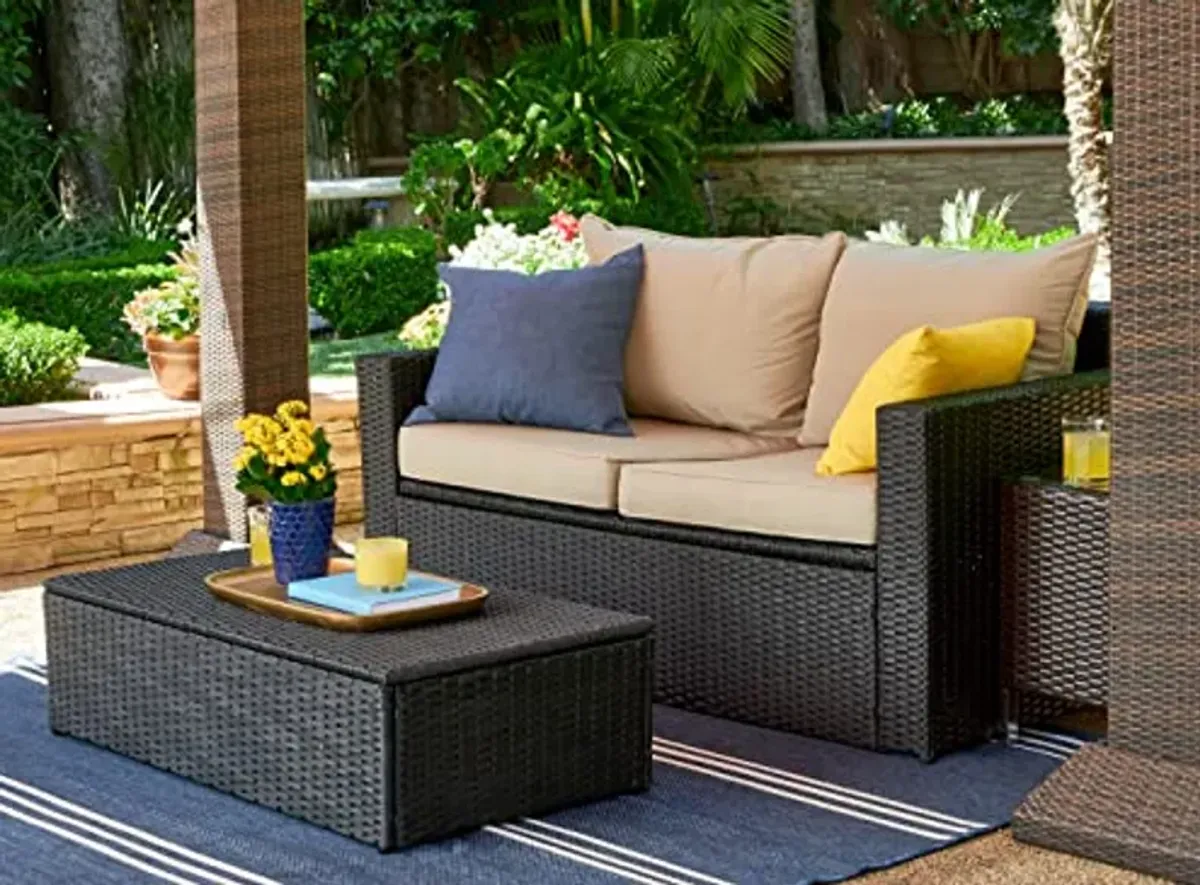 Serta Brown Resin Outdoor Patio Furniture Collection, Storage Sofa & Coffee Table Set, Black Wicker