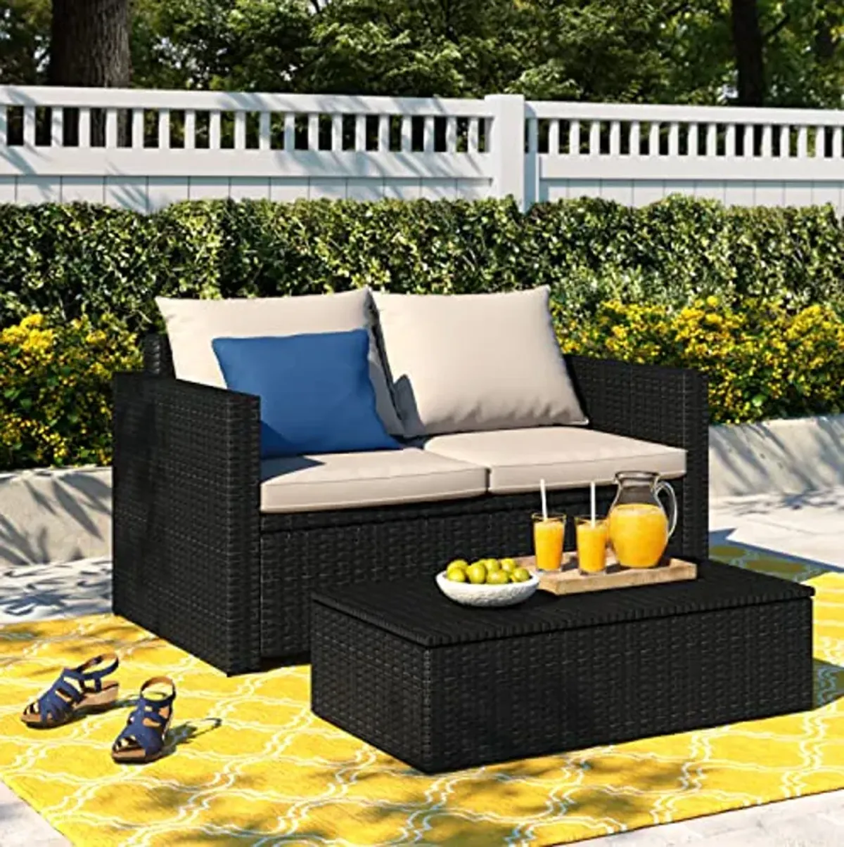 Serta Brown Resin Outdoor Patio Furniture Collection, Storage Sofa & Coffee Table Set, Black Wicker