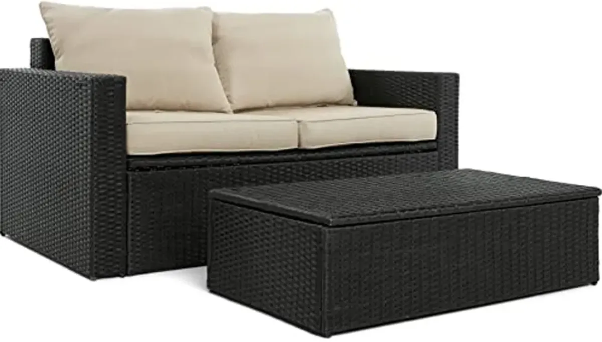 Serta Brown Resin Outdoor Patio Furniture Collection, Storage Sofa & Coffee Table Set, Black Wicker