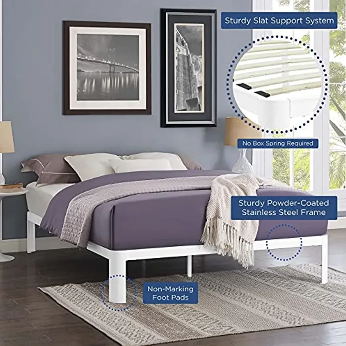 Modway Corinne Steel Modern Mattress Foundation Full Bed Frame with Wood Slat Support in White