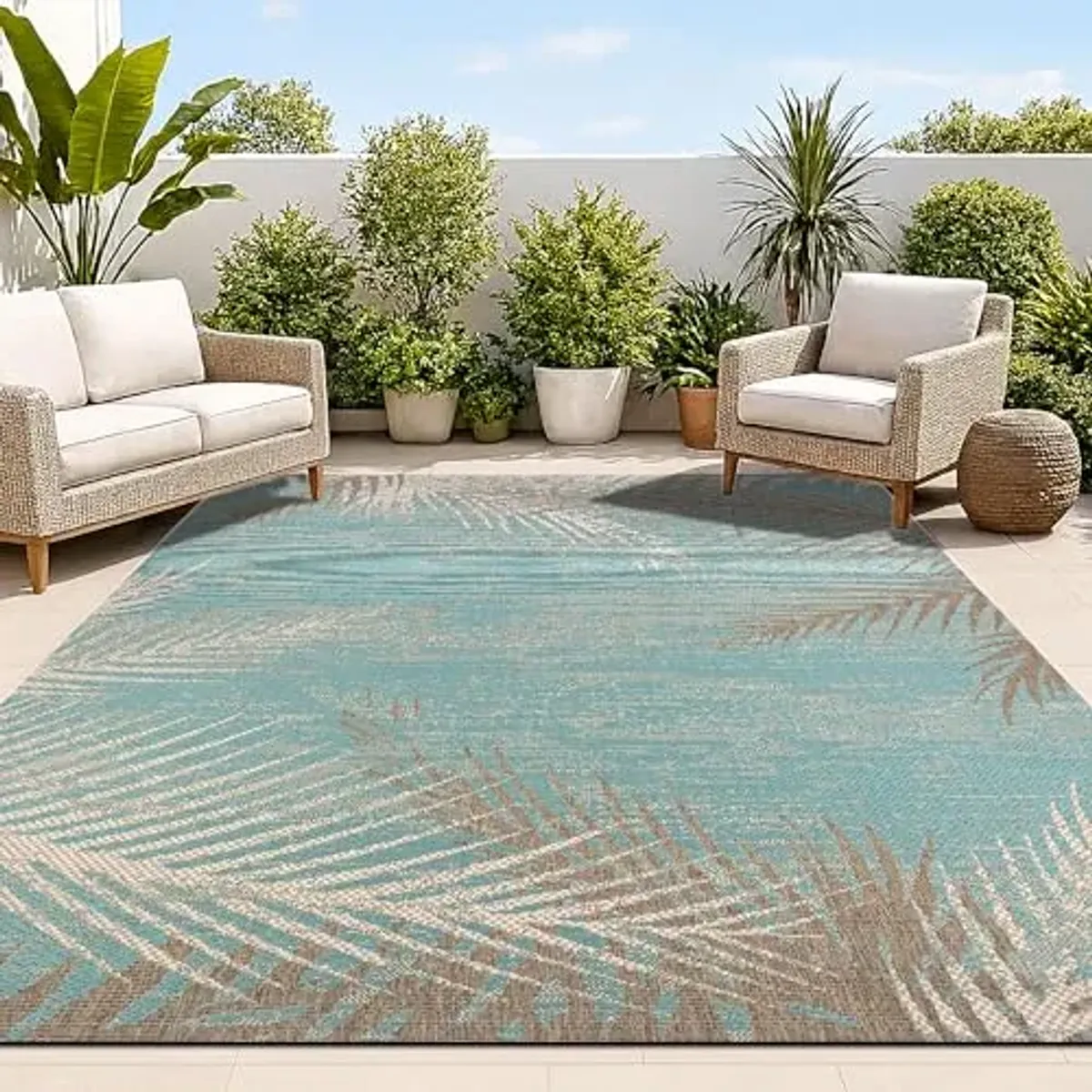 Couristan Monaco Outdoor Area Rug - Tropical Palms 5'3" x 7'6" in Aqua Blue, Flatwoven, Durable, Easy to Clean Rug for Patio, Mudroom Or Kitchen Decor