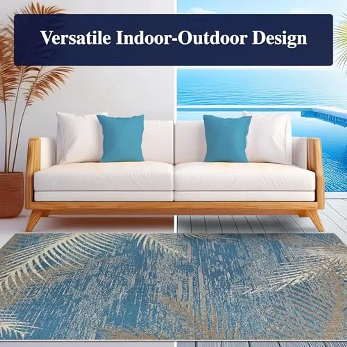 Couristan Monaco Outdoor Area Rug - Tropical Palms 2'3" x 7'10" Runner in Ocean Blue, Flatwoven, Durable, Easy to Clean Rug for Patio, Mudroom Or Kitchen Decor