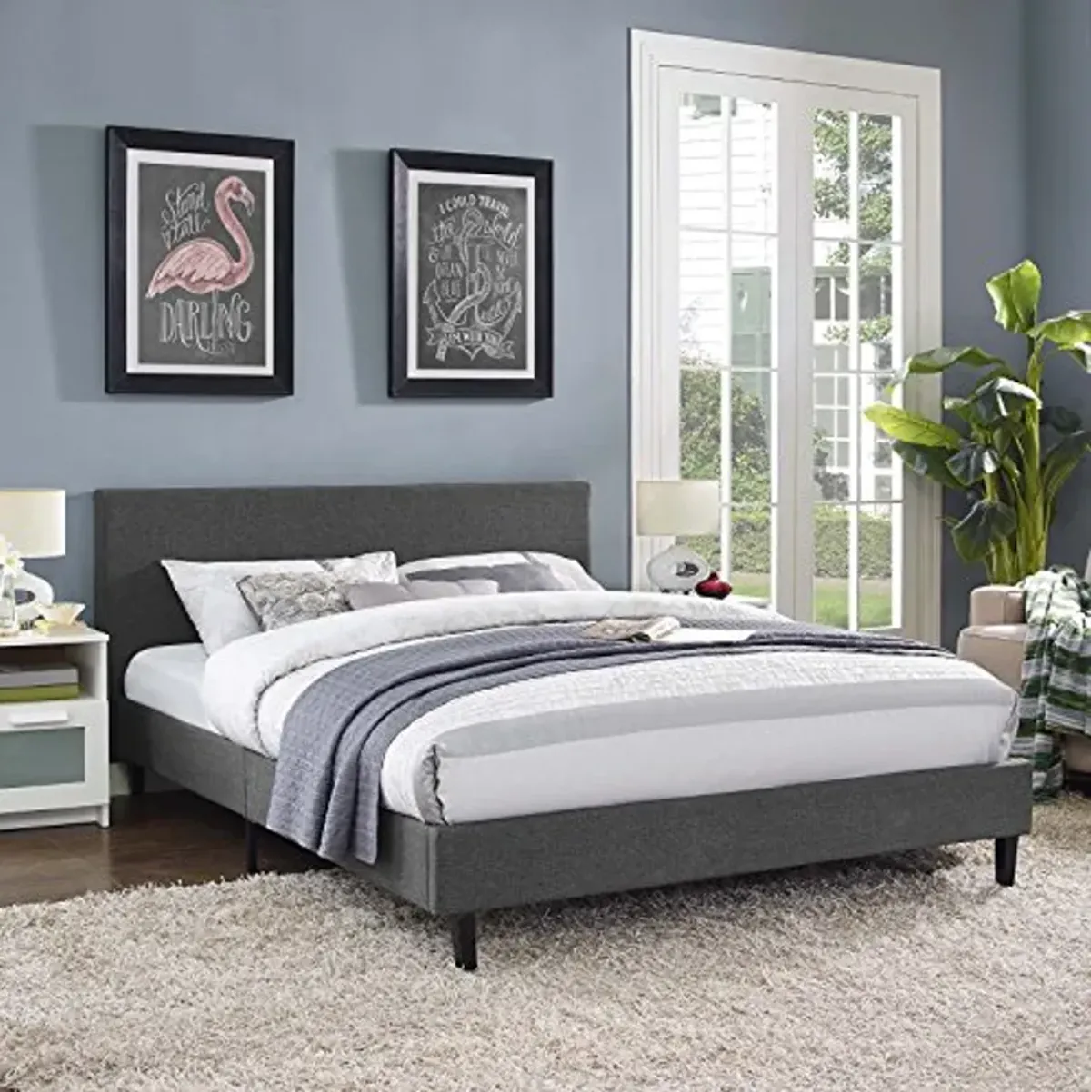 Modway Anya Upholstered Gray Full Platform Bed with Wood Slat Support